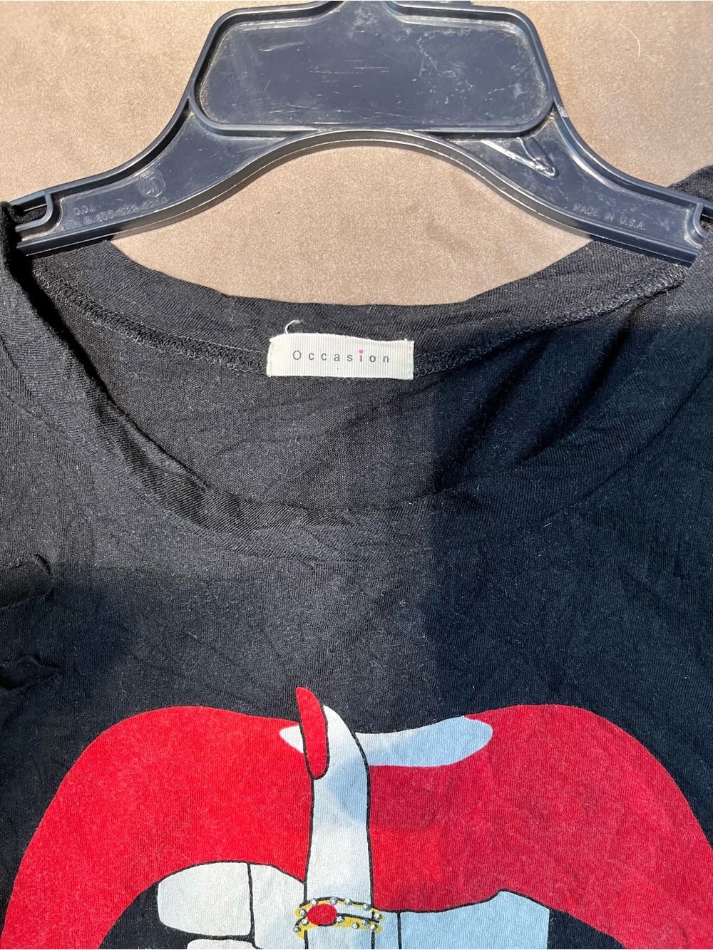 Occasion Black Short Sleeve Tee with Red Lip & White Hand Graphic - Picture 2 of 5